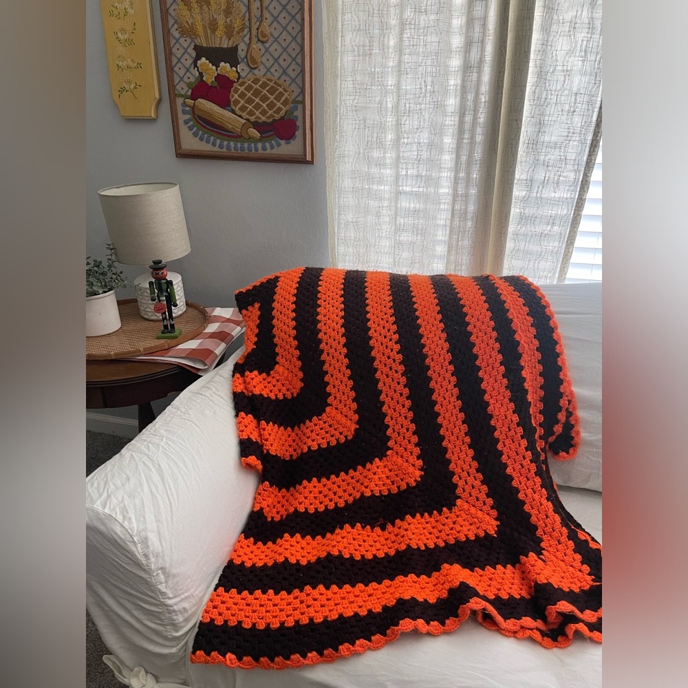 Vintage Granny crochet Afghan Orange 70 x 70 inches